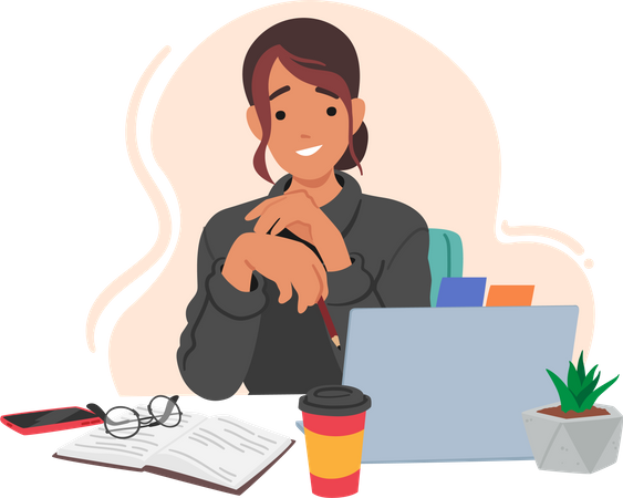 Girl Seated At Desk, Surrounded By Book, Laptop, Coffee and Phone  イラスト