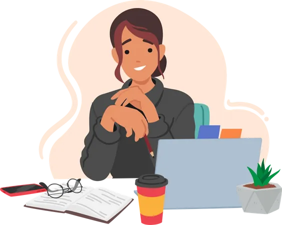 Girl Seated At Desk, Surrounded By Book, Laptop, Coffee and Phone  Illustration