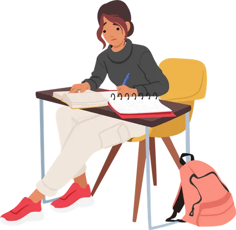 Girl Seated At Desk With Papers, Diligently Reading Textbook  Illustration