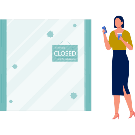 Girl seeing closed board at online shop  Illustration