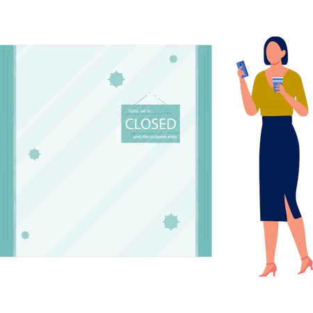 Girl seeing closed board at online shop  Illustration