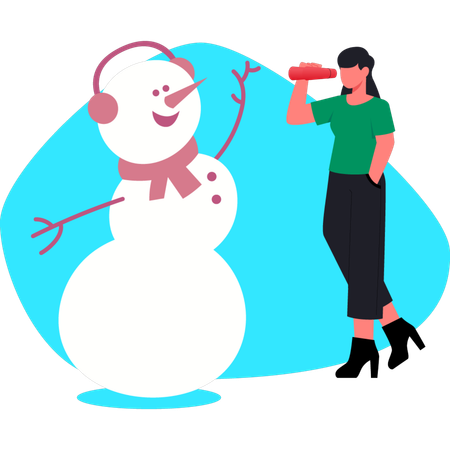 Girl seeing snowman using telescope  Illustration