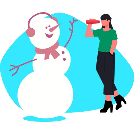 Girl seeing snowman using telescope  Illustration