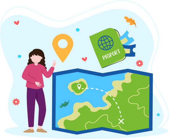 Girl select travel destination on map  Illustration
