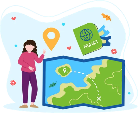 Girl select travel destination on map  Illustration