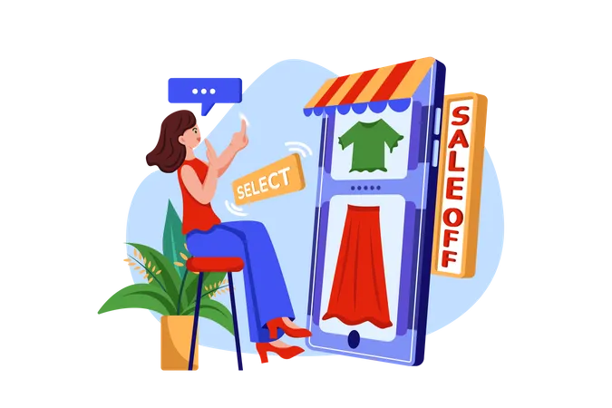 Girl selecting clothes from online shopping site  Illustration