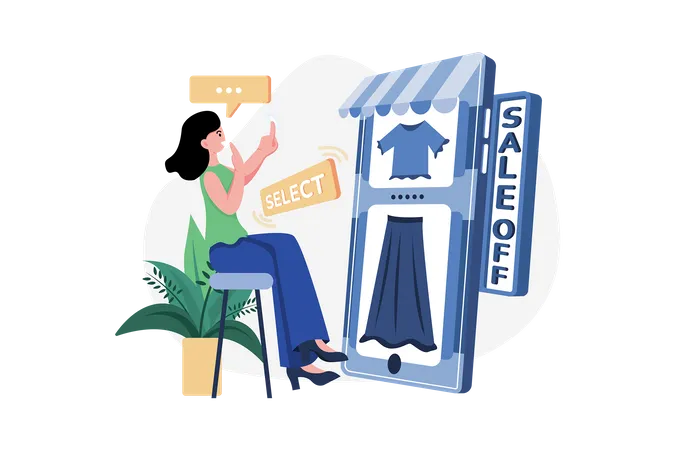 Girl selecting clothes from online shopping site  Illustration