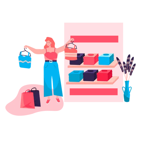 Shopping Woman Concept Buyer Chooses New Stylish Clothes Standing Near Racks At Showroom Shop Customer Buying At Boutique Character Scene Vector Illustration In Flat Design With People Activities Illustration