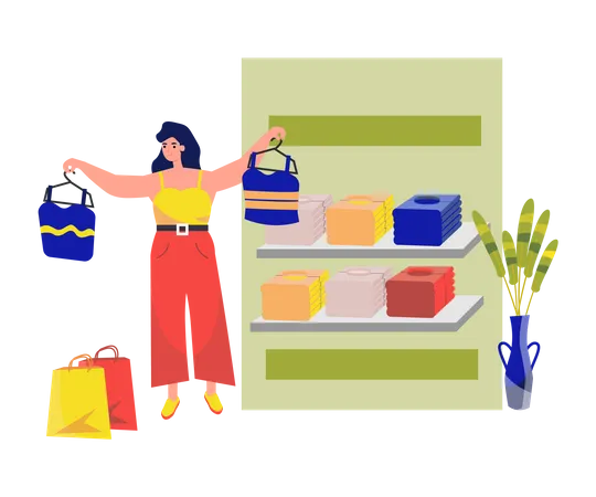 Girl Selecting Clothes In Shopping Mall  Illustration