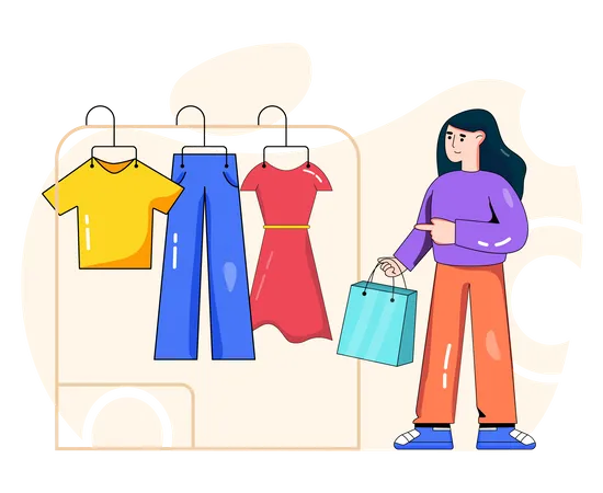 Girl selecting dress at shopping mall  Illustration