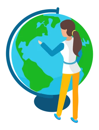Woman Examining Globe And Choosing Location For Vacation Planning Trip Travel With Model Of Planet Lady Looks At Layout Of Planet Earth With Continents And Water Girl Standing Near World Globe 일러스트레이션