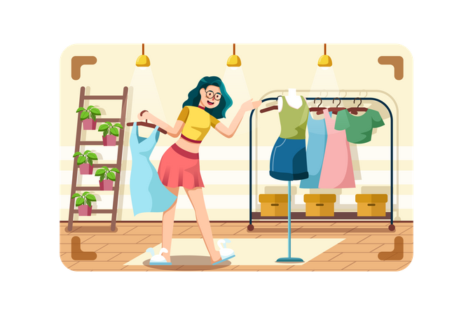 Girl selecting new dress  Illustration