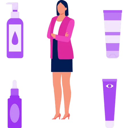 A Woman Stands With Beauty Products Illustration