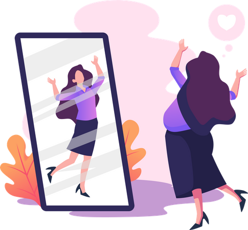 Girl self motivating while looking in mirror  Illustration