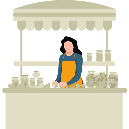 Girl selling candy at shop  Illustration
