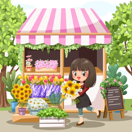 Girl selling flowers in flower shop  Illustration