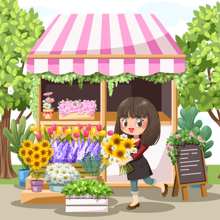 Girl selling flowers in flower shop  Illustration