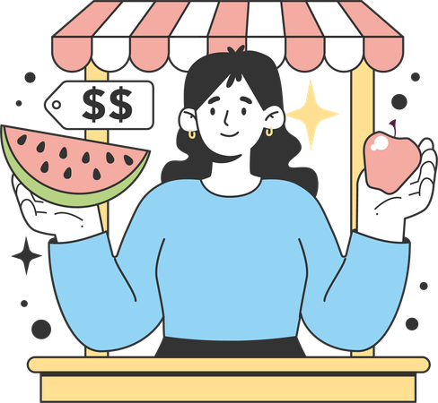 Girl selling fruit at fruit stall  Illustration