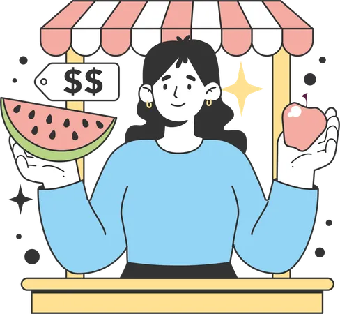 Girl selling fruit at fruit stall  Illustration