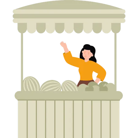 Girl selling fruit at stall  Illustration