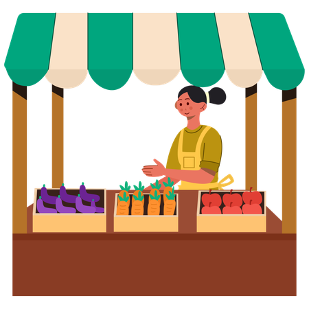 Girl selling fruits and vegetables on a street kiosk  Illustration