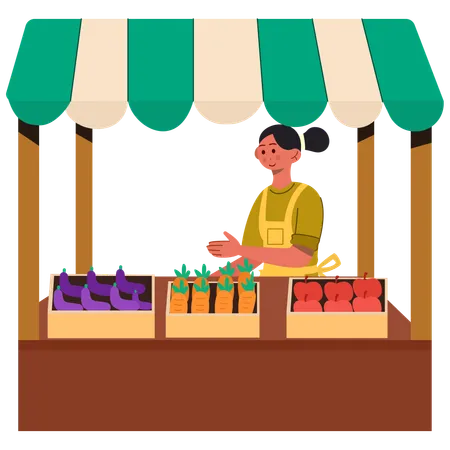 Girl selling fruits and vegetables on a street kiosk  Illustration