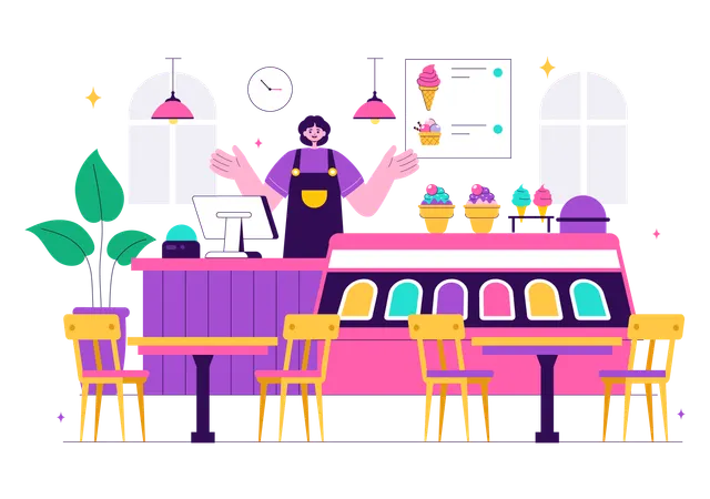 Girl selling ice cream in store  Illustration