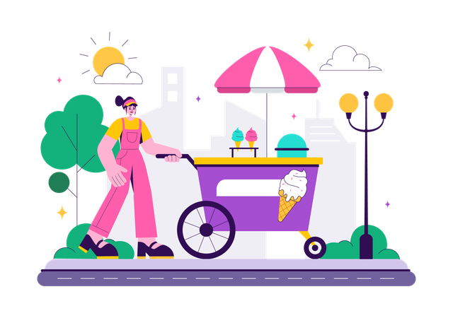 Girl selling ice cream on cart  Illustration