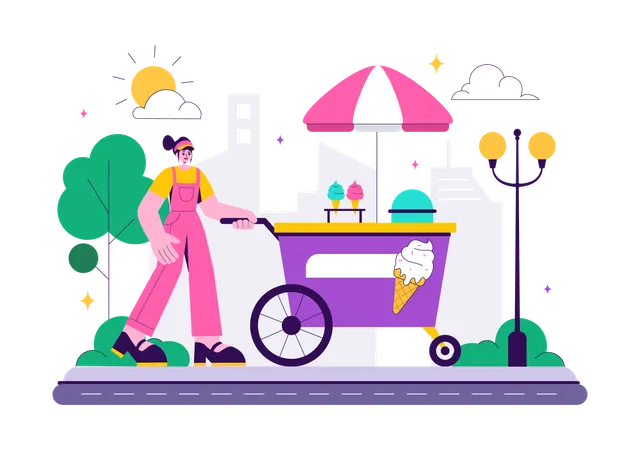 Girl selling ice cream on cart  Illustration