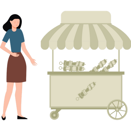 Girl selling kebabs at stall Illustration