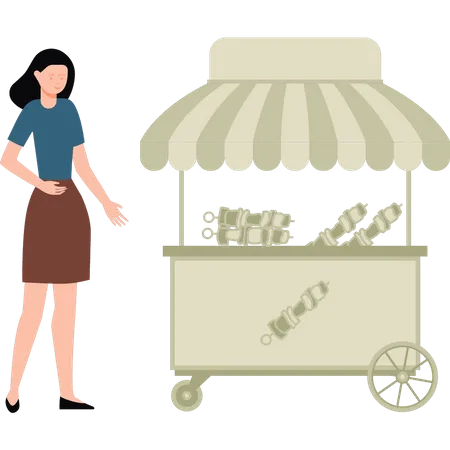 Girl selling kebabs at stall Illustration