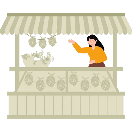 Girl selling pineapple at shop  Illustration