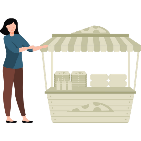 Girl selling pizza at stall Illustration