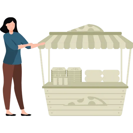 Girl selling pizza at stall Illustration