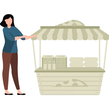 Girl selling pizza at stall  Illustration