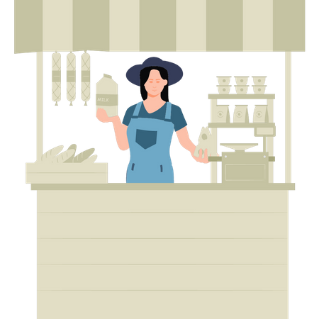 Girl selling product at grocery store  イラスト