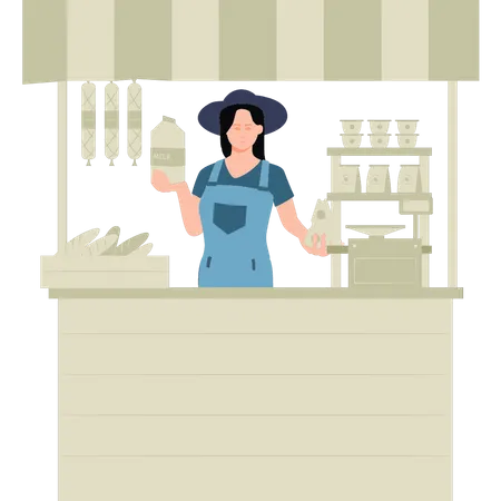 Girl selling product at grocery store  Illustration