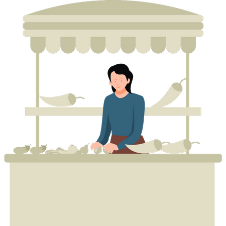 Girl selling vegetable at stall  Illustration