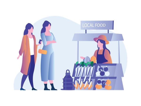 Girl selling vegetable at stall  Illustration