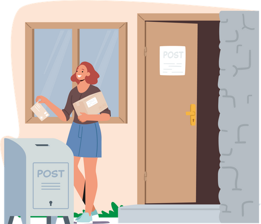 Girl Send Letter Throwing Card Into Mail Box Illustration