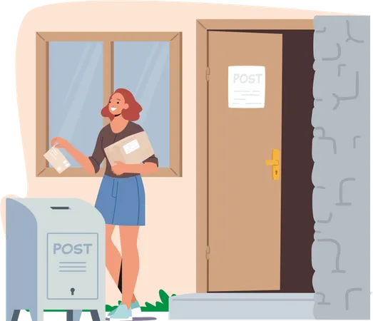 Girl Send Letter Throwing Card Into Mail Box  Illustration