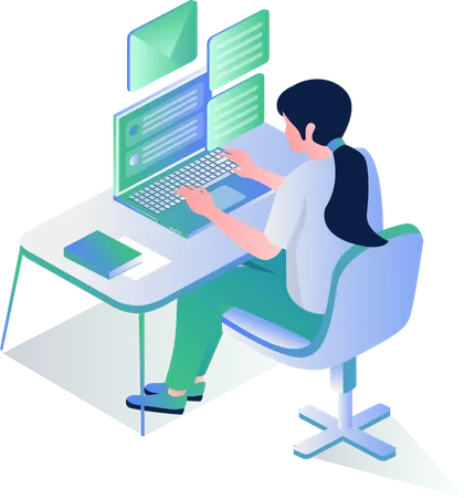 Girl Working At Computer Sending Email Illustration