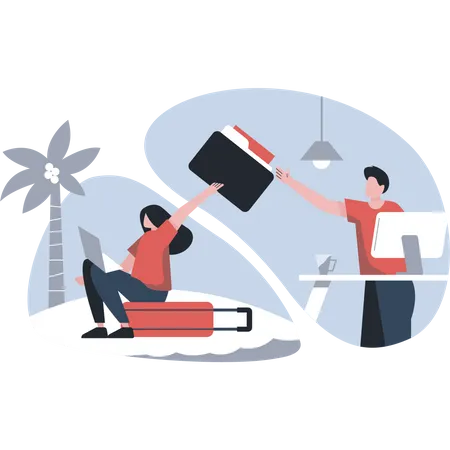 Business People Doing Office Activity Girl Is Sending File Her Colleague Man Taking File Girl Is On Full Travelling Mood Vector Illustration In Cartoon Style Illustration