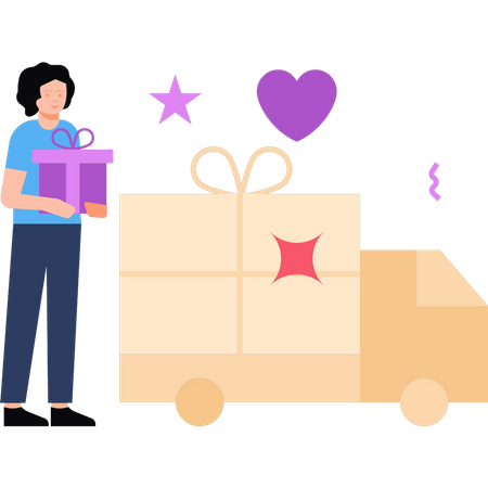 Girl sending gift via delivery truck  Illustration