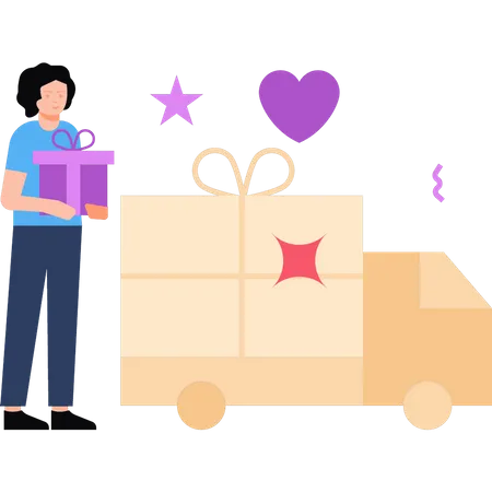 Girl sending gift via delivery truck  Illustration