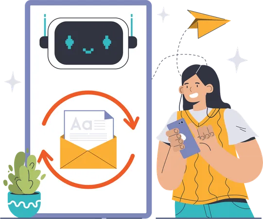 Girl sending mail using chatbot  Illustration