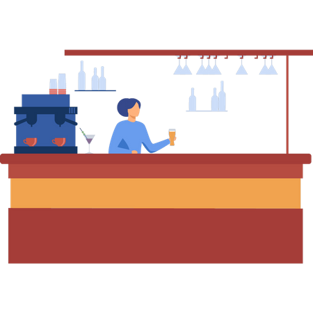 Girl serving beer at bar counter Illustration
