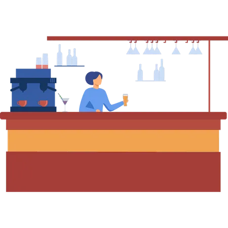 Girl serving beer at bar counter Illustration