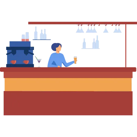 Girl serving beer at bar counter  Illustration