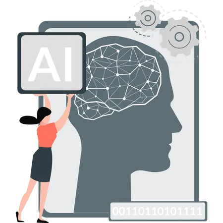 Girl setting artificial brain  Illustration